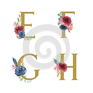 Gold Alphabet florals setÂ collection, Blue-red rose and pink peony flowers bouquets, Design for wedding invitation, celebrate